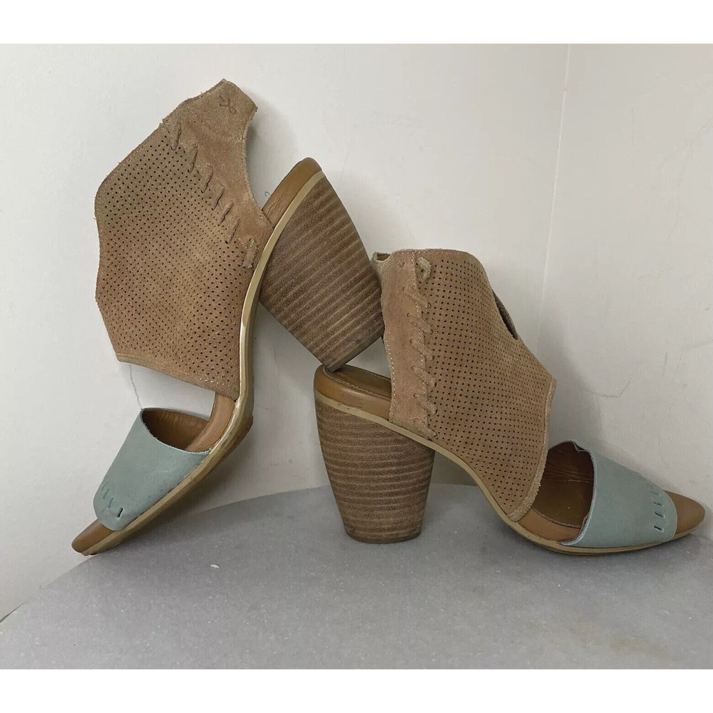 EMU Australia Sarabah Women's Tan & Teal Suede Open Toe Heeled Wedge Sandal Sz 8
